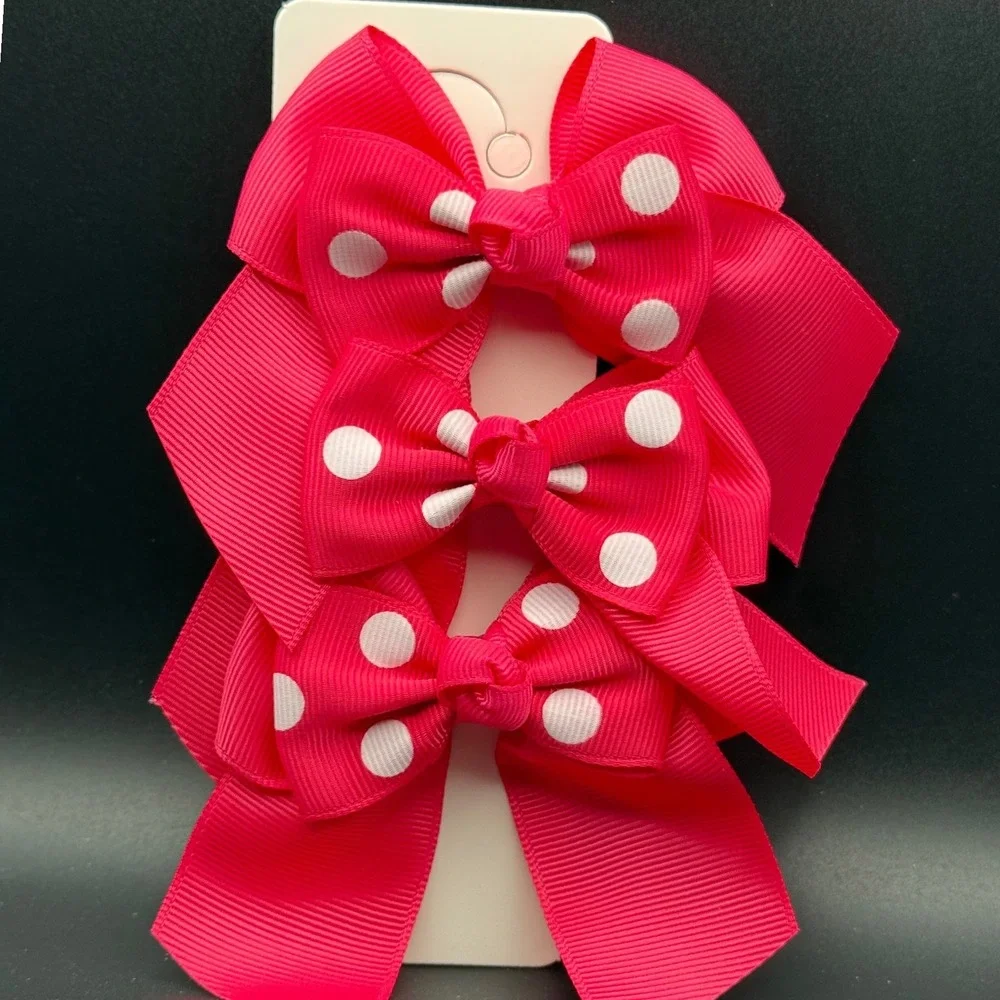 3 Pack Pink Polka Dot Grosgrain Ribbon Hair Bow Clips Alligator Style Set